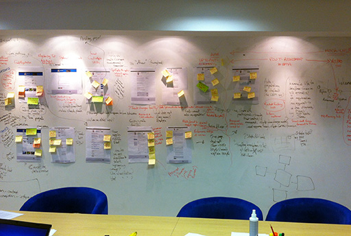 A photo of a user testing session feedback and observations stuck on the wall